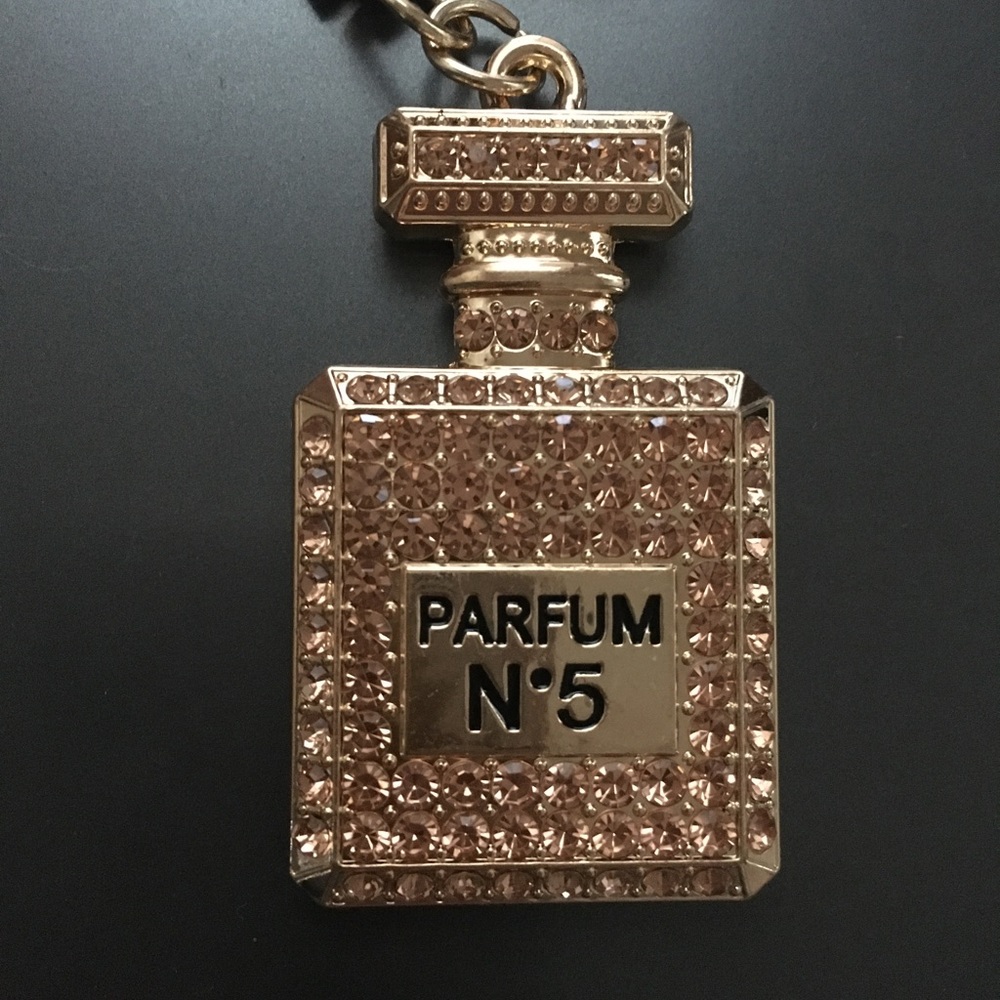 Perfume Bottle Keychain Golden Rhinestone Key Ring Purse Handbag Wallet Charm